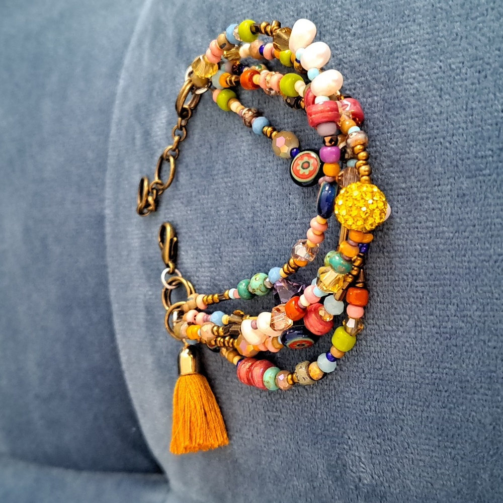 HANDMADE 5 Strand Multicolor Beaded Bracelet, Length: 7-9" Adj.